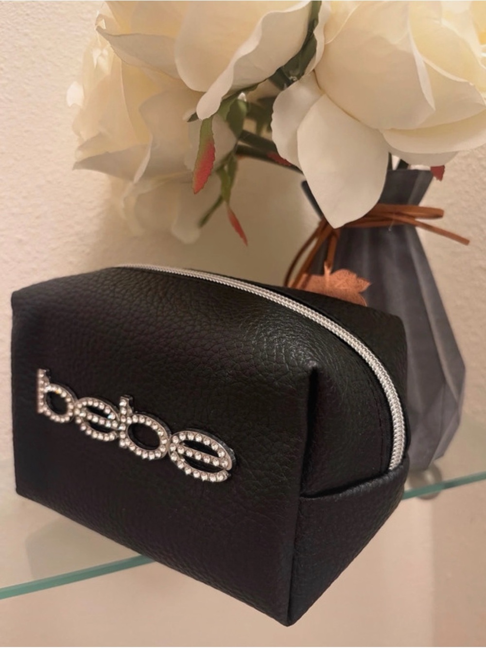 bebe Black Faux Leather Cosmetic Pouch with Crystal Logo - Picture 3 of 7